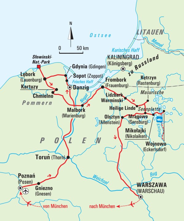 Karte, Polens Nordosten - Warschau, Danzig und Masuren, Polen, © Bayerisches Pilgerbüro