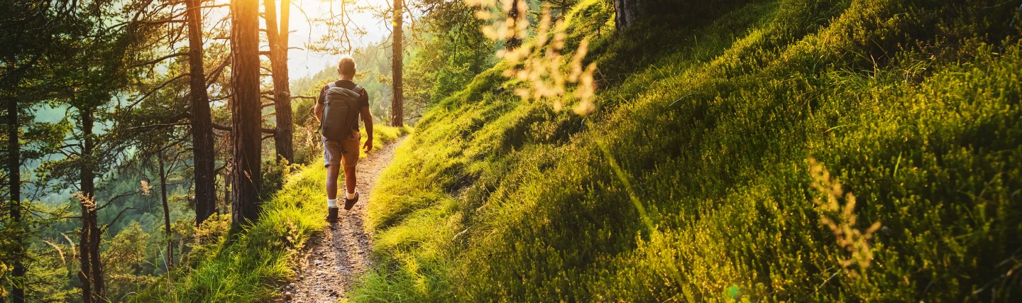 Pilger auf einem Waldweg mit Sonnenuntergang, © Istockphoto.com©piola666