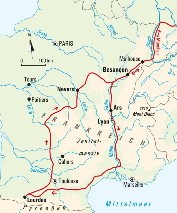 Karte, Das Leben der hl. Bernadette in Lourdes und Nevers, Frankreich 2023, © Bayerisches Pilgerbüro