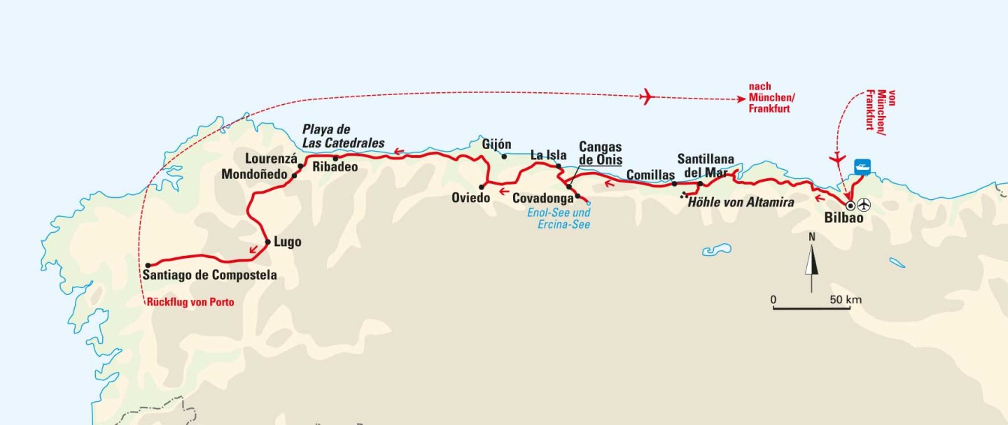 Karte, Pilger-Wanderreise auf dem Küstenweg Camino del Norte 2024, © Bayerisches Pilgerbüro