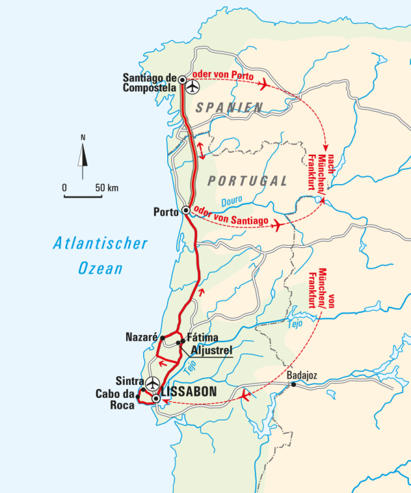 Karte, Lissabon, Fátima und Santiago de Compostela – in der Seele neues Leben wecken 2024, © Bayerisches Pilgerbüro