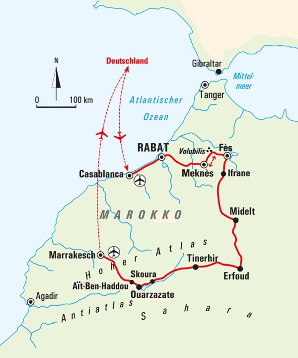 Karte, Marokko – vom Atlantik über den Hohen Atlas bis nach Marrakesch 2023, © Bayerisches Pilgerbüro Karte, Marokko – vom Atlantik über den Hohen Atlas bis nach Marrakesch 2023, © Bayerisches Pilgerbüro