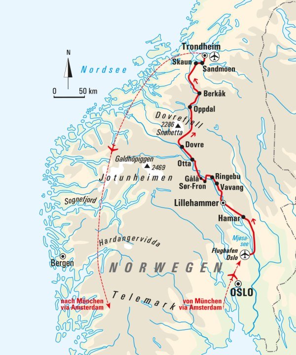 Karte, Pilgern auf dem Olavsweg von Oslo nach Trondheim, Norwegen 2024, © Bayerisches Pilgerbüro