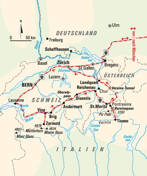 Karte, Bahnparadies Schweizer Alpen, Schweiz, © Bayerisches Pilgerbüro