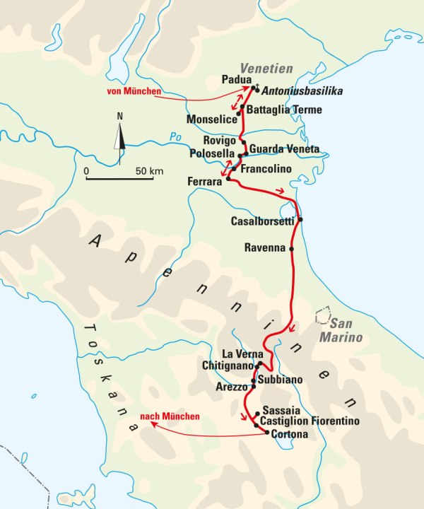 Karte, Auf der Via Romea Germanica von Padua in die Toskana, Italien, © Bayerisches Pilgerbüro
