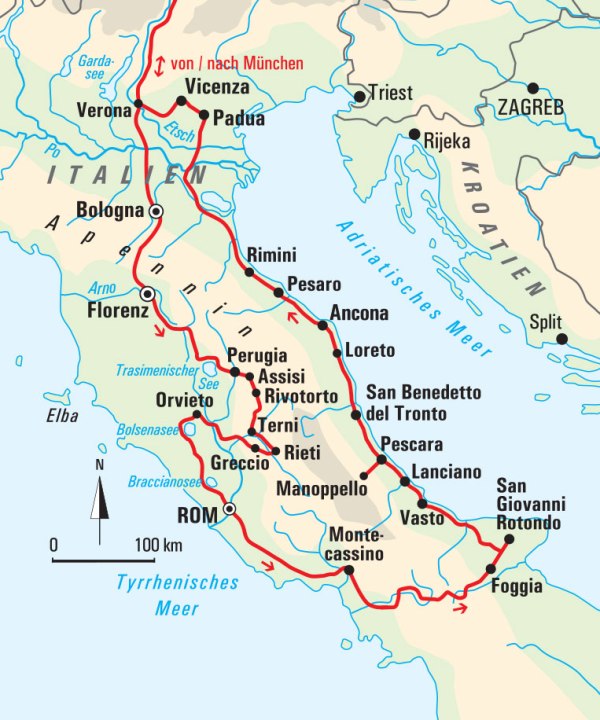 Karte, Große Pilgerrundreise durch Italien, Italien, © Bayerisches Pilgerbüro
