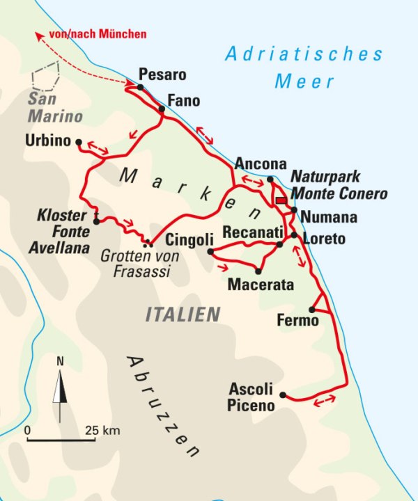 Karte, Die Marken – Italiens unbekannte Schönheit 2023, © Bayerisches Pilgerbüro Karte, Die Marken – Italiens unbekannte Schönheit 2023, © Bayerisches Pilgerbüro