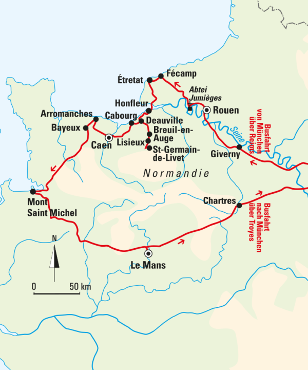 Karte, Die Normandie – Frankreichs grüner Norden 2024, © Bayerisches Pilgerbüro