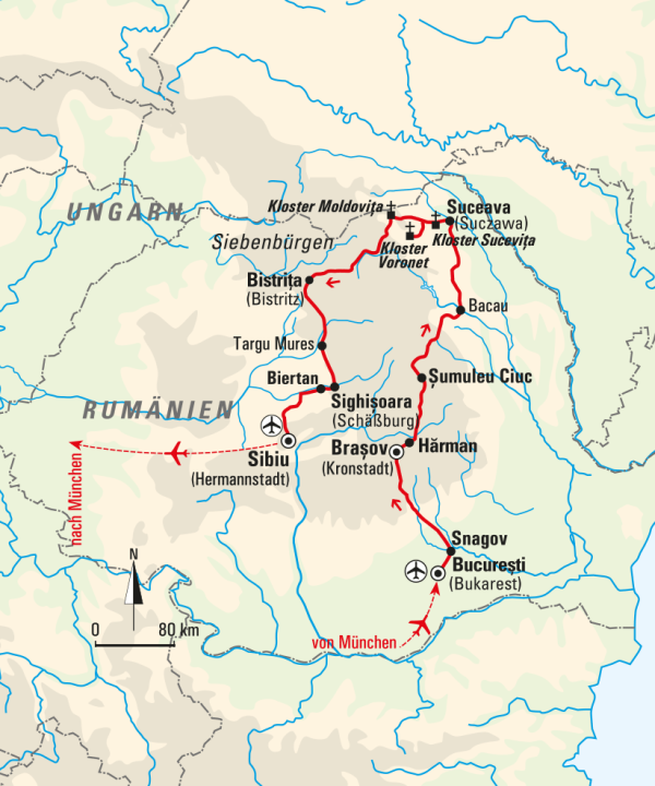 Karte, Rumänien – Moldauklöster und Siebenbürgen 2024, © Bayerisches Pilgerbüro