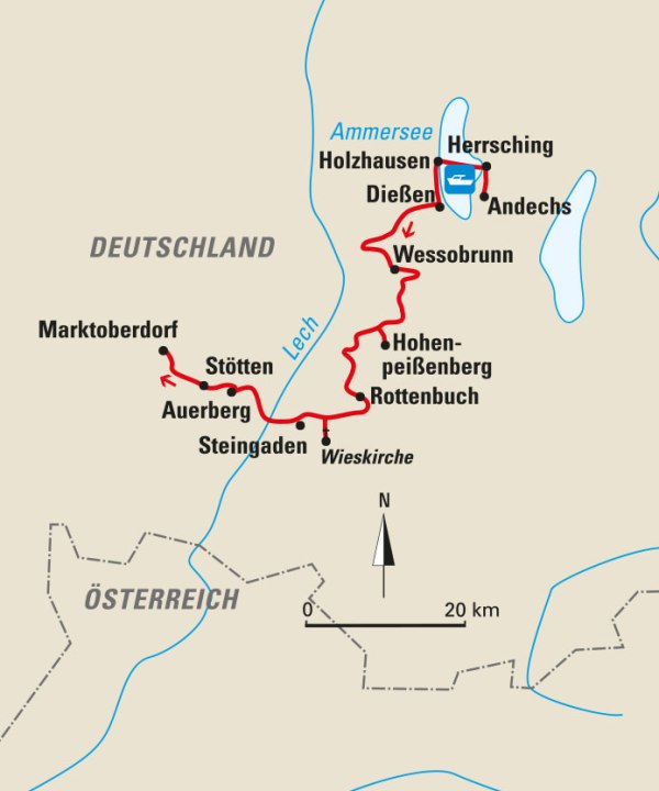 Karte, Auf dem Münchner Jakobsweg – von Andechs nach Marktoberdorf, Deutschland - Diözesanreise Passau, © Bayerisches Pilgerbüro
