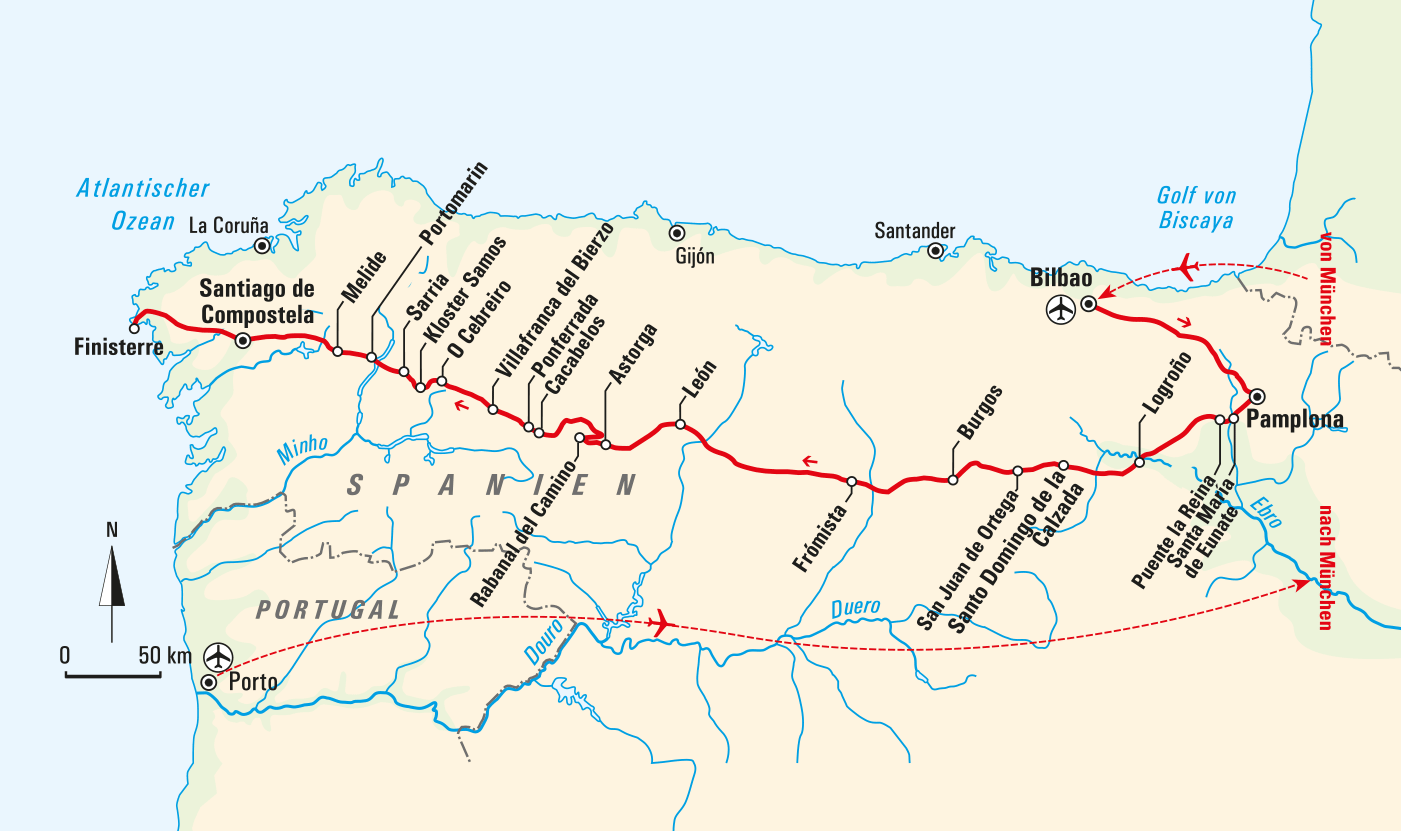 Karte, Pilger-Wanderreise auf dem Jakobsweg nach Santiago de Compostela und nach Finisterre 2024, © Bayerisches Pilgerbüro