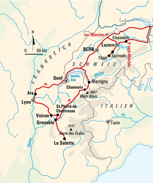 Karte, Große Wallfahrtsorte in den Französischen und Schweizer Alpen, Frankreich, © Bayerisches Pilgerbüro