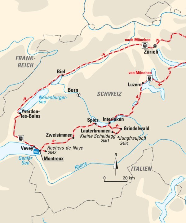Karte, Die Schweiz mit dem Golden Pass entdecken 2024, © Bayerisches Pilgerbüro