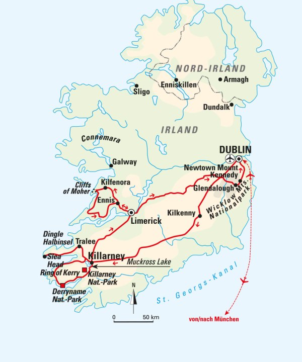 Karte, Im Herzen der Grünen Insel – Irland zu Fuß erleben 2024, © Bayerisches Pilgerbüro