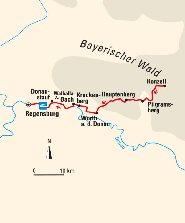 Karte, Auf dem ostbayerischen Jakobsweg von Konzell nach Regensburg, Deutschland, © Bayerisches Pilgerbüro