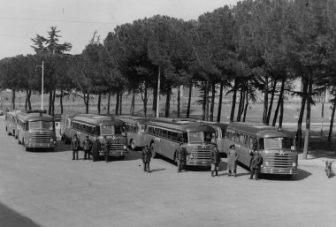 Vier Busse, von Personen umgeben stehen vor S. Paolo in Rom, Jahr 1950, © Bayerisches Pilgerbüro